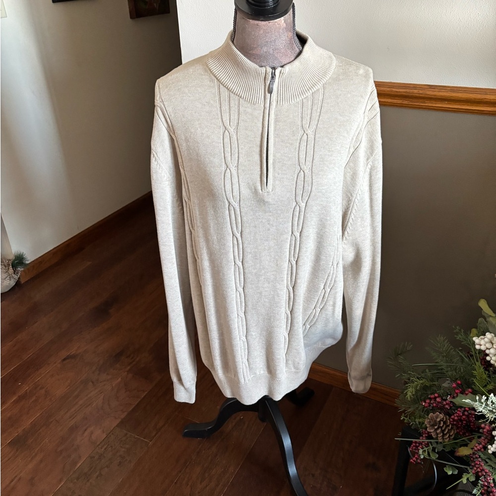 Men's Beige Cable Knit Zip-Up Sweater